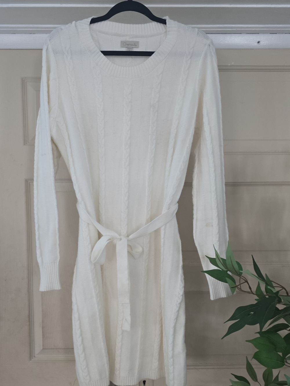 Chenault Cream Cable-Knit Belted Sweater Dress